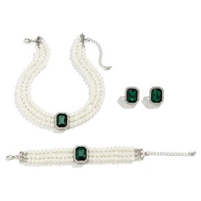 WCRAZYE Pearl Necklace Set for Women Multilayer Boho 1920s Rhinestones Fashion Faux Pearl Beaded Choker Necklaces Pearl Statement Wedding Necklace Bracelet Earrings Set for Costume Accessories (White)