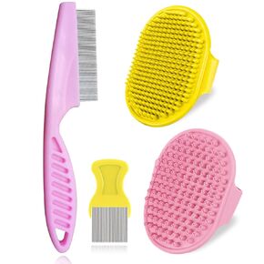 4Pack Pet Grooming Brush Kit, Aoche Dog Bath Brush Flea Comb for Dogs Pet Shampoo Brush Soothing Massage Rubber Comb Flea Lice Comb Cat Tear Stain Comb Dog Brush for Shedding