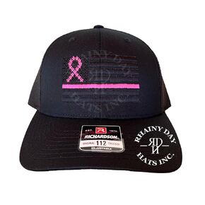 Rhainy Day Hats Inc. Thin Pink Line, Pink Ribbon Embroidered Hat, Breast Cancer Awareness Hat, American Flag Pink Ribbon