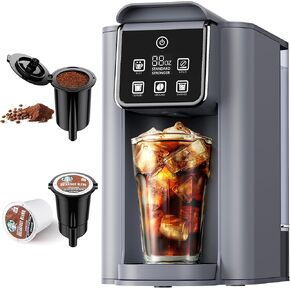 Hot & Iced Coffee Maker with Bold Setting, Single Serve Coffee Maker for K Cup and Grounds, 6-14 Oz Brew Sizes, 50 Oz Removable Water Tank, One Cup Coffee Machine with Reusable Filter, Grey