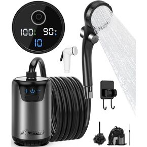 WADEO Portable Camping Shower, Upgraded Outdoor Shower with Fahrenheit Display & 6000mAh Rechargeable Battery Pump IPX7 Waterproof for Camp, Hiking, Car Washing, Pet Bath