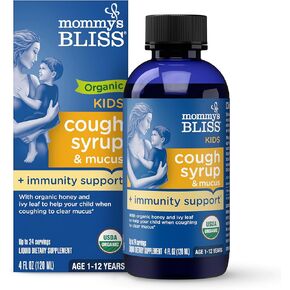 Mommy's Bliss Organic Kids Cough Syrup and Mucus Relief + Immunity Support, Agave & Honey, Ivy Leaf, Elderberry, Zinc, Vitamin C, 4 Fl Oz