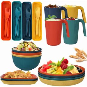 Camping Mess Kit,Unbreakable Dinnerware Set,Camping Plates and Bowls Set for 4 People,Plastic Lightweight Camping Cutlery Set includes Plates Bowls Cups Cutlery Set for Camping, Picnic, RV