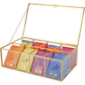 Glass Tea Bag Organizer with 8 Compartments, Handmade Large Tea Bag Storage Box for Counter Kitchen, Tea Bag Holder,Tea Storage Containers with Lid,Tea Accessories Gifts for Tea Drinkers,Gold