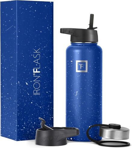IRON °FLASK Camping & Hiking Hydration Flask, Wide Mouth, 3 Straw Lids, Stainless Steel Outdoor Water Bottle, Double Walled, Insulated Thermos, Metal Canteen - Cobalt Speckle, 40 Oz in Saudi Arabia