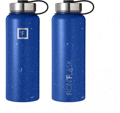 IRON °FLASK Camping & Hiking Hydration Flask, Wide Mouth, 3 Straw Lids, Stainless Steel Outdoor Water Bottle, Double Walled, Insulated Thermos, Metal Canteen - Cobalt Speckle, 40 Oz in Saudi Arabia