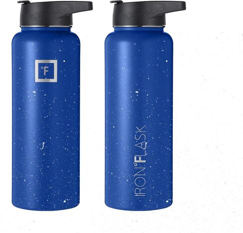 IRON °FLASK Camping & Hiking Hydration Flask, Wide Mouth, 3 Straw Lids, Stainless Steel Outdoor Water Bottle, Double Walled, Insulated Thermos, Metal Canteen - Cobalt Speckle, 40 Oz in Saudi Arabia