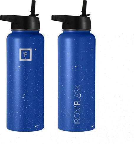 IRON °FLASK Camping & Hiking Hydration Flask, Wide Mouth, 3 Straw Lids, Stainless Steel Outdoor Water Bottle, Double Walled, Insulated Thermos, Metal Canteen - Cobalt Speckle, 40 Oz in Saudi Arabia