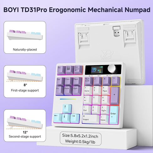BOYI TD31Pro Mechanical Number Pad,Bluetooth5.0/2.4G/Type-C Wireless Numeric Keypad,RGB HotSwap Numpad with Screen&Knob,PBT Keycaps Rechargeable Gasket Number keypad for PC Laptop Desktop(Black-Grey) in Saudi Arabia