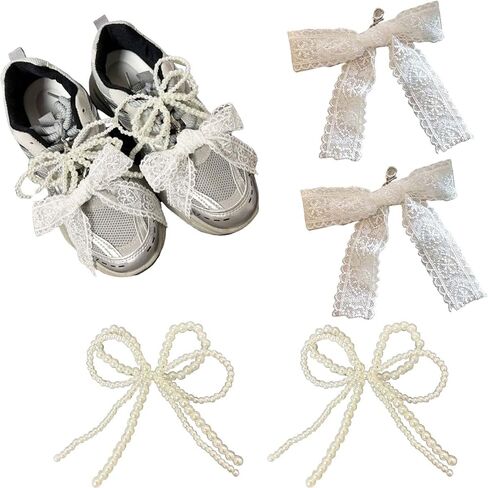Pearls Bow knot Shoe Charms for Sneakers Shoe Lace Charms Decorations Elegant Pearl Beaded Chain for Women Cute DIY Shoe Accessories for Wedding Gift (white) in Saudi Arabia