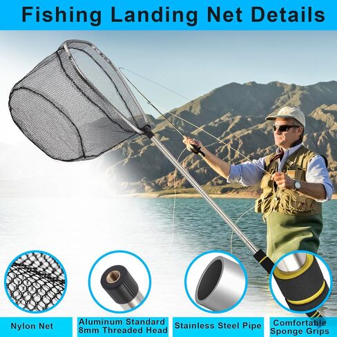 Fishing Landing Net, Fishing Net with Handle for Fishing with Splicing Extension Pole Handle Sturdy Stainless Steel Tubes Comfortable Sponge Handle, yellow in Saudi Arabia