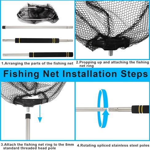 Fishing Landing Net, Fishing Net with Handle for Fishing with Splicing Extension Pole Handle Sturdy Stainless Steel Tubes Comfortable Sponge Handle, yellow in Saudi Arabia