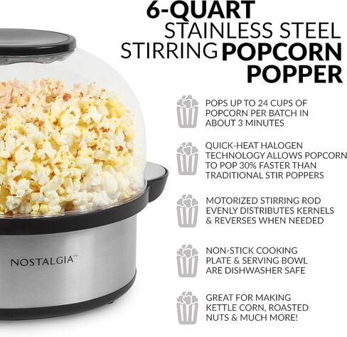 Nostalgia Classic Electric Stirring Popcorn Maker, Makes 8 Cups, Large Lid Doubles as Serving Bowl, Quick Heat Technology, for Kettle Corn and Roasted Nuts, Black in Kuwait