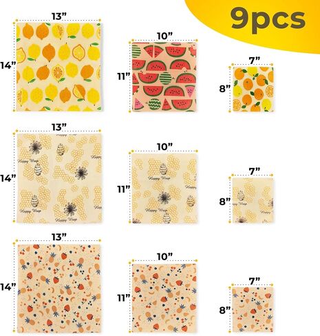 Reusable Beeswax Food Wraps Set – 9 Pcs Assorted Sustainable Beeswax Wrap, Washable Wax Wrapping, Bread Sandwich Storage Wax Covers (3 Each for Small, Medium, and Large) in Saudi Arabia