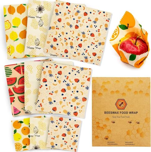 Reusable Beeswax Food Wraps Set – 9 Pcs Assorted Sustainable Beeswax Wrap, Washable Wax Wrapping, Bread Sandwich Storage Wax Covers (3 Each for Small, Medium, and Large) in Saudi Arabia