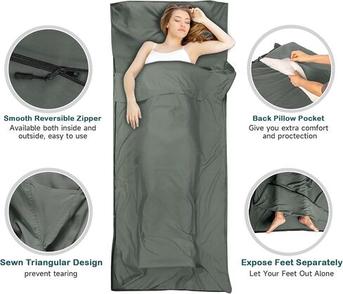 Sleeping Bag Liner,14oz Ultralight Sefl Tan Sleep Sack with 2 Way Zipper, Expose Feet Separately, Adult Sleep Sack & Travel Sheets for Camping, Hiking, Traveling Backpacking,Hotel in Kuwait