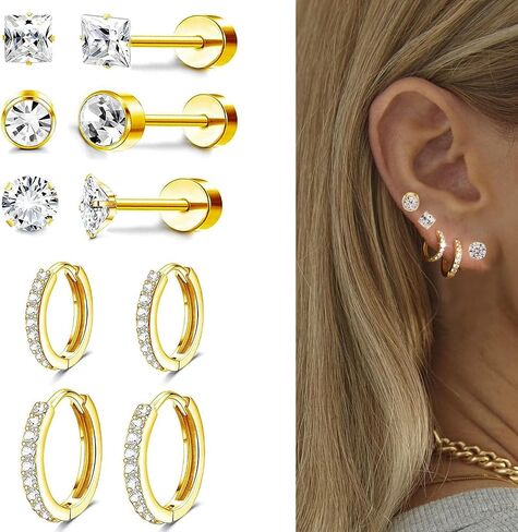 Flat Back Stud Earrings Hypoallergenic Surgical Steel Earrings for Sensitive Ears 14K Gold Flat Back Earrings for Women Men, Flatback Stud Hoop Cartilage Earring Set for Multiple Piercing in Saudi Arabia