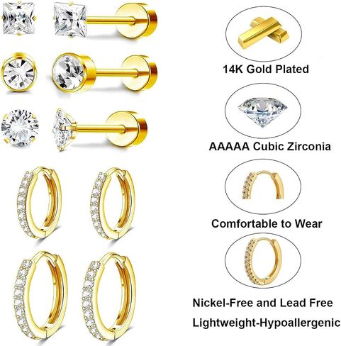 Flat Back Stud Earrings Hypoallergenic Surgical Steel Earrings for Sensitive Ears 14K Gold Flat Back Earrings for Women Men, Flatback Stud Hoop Cartilage Earring Set for Multiple Piercing in Saudi Arabia