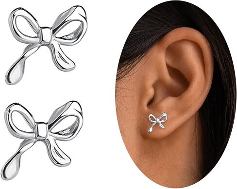 Classic Silver Bow Earrings for Women Cute Ribbon Bow Stud Earrings Birthday Christmas Jewelry Gifts for Women Girls (Design A) in Saudi Arabia