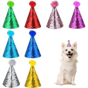 8Pcs Mini Party Hats Reusable Dog Party Hats Cat Birthday Hat with Pompons, Adjustable Headbands Mini Birthday Hats for Small Medium Boy Girl Doggie Puppies Cat Kitten Decorations