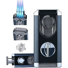 Windproof Triple Jet Flame Torch Lighter with Stand – Refillable and Adjustable 3 Flame Lighter with Built-in V-Cut, Quality Gift for Men（Without Butane）
