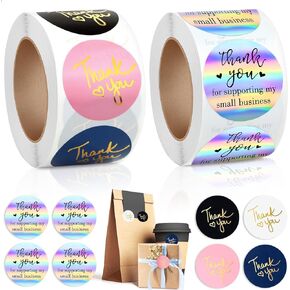 3000pcs Thank You Stickers, Evatage 6 Rolls 1 Inch Thank You Label Stickers for Small Business with 6 Design, Small Business Supplies for Packaging, Envelopes, Gift Wraps and Crafts