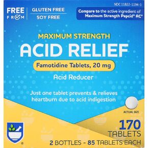 Rite Aid Acid Reducer, Maximum Strength Famotidine Tablets, 20 mg - 2 Bottles, 85 Count Each (170 Count Total) | Heartburn Relief | Acid Reflux | Antacid Chews & Tablets, Heartburn Chews & Tablets