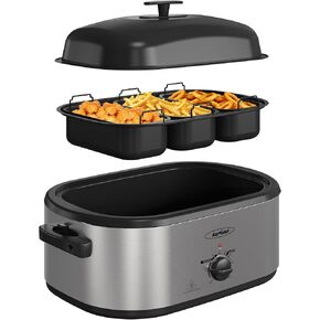 Sunvivi 24 QT Electric Roaster Oven with Self-Basting Lid, 3 Compartments, and Keep Warm Function, Full-Range Temperature Control (150-450°F), Stainless Steel