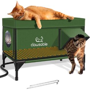 Elevated Heated Cat House for Outdoor Cat, Outside Heated Cat Bed Cat Shelter Kitty with Pet Heating Pad, Waterproof & Safe Escape Door & Insulated, Weatherproof Warm Home for Stray Feral Barn Cat