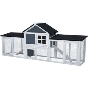 82in Wooden Rabbit Hutch, Outdoor Chicken Coop, Bunny Hutch Guinea Pig Pet House Bunny Cage with Double Side Runs, Weatherproof Roof, Removable Tray, Ramps for Small Animals