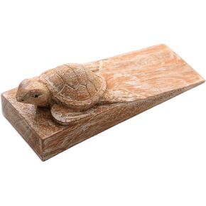 NOVICA Handmade Wood Baby Turtle Door Stopper, Brown and White, Distressed Baby Turtle'