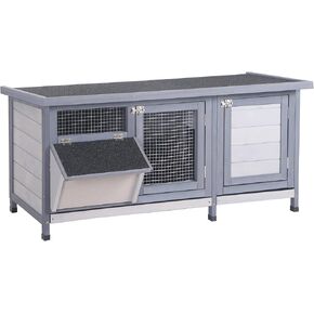 PawHut Wooden Rabbit Hutch Bunny Hutch Cage Guinea Pig with Waterproof Roof, No Leak Tray and Feeding Trough, Indoor/Outdoor, Natural