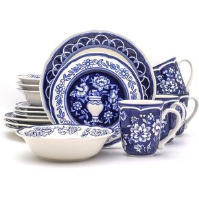 Euro Ceramica Blue Garden 16 Piece Oven Safe Hand Painted Stoneware Dinnerware Set, Service for 4, Bold Vase Design/Floral Pattern, White and blue