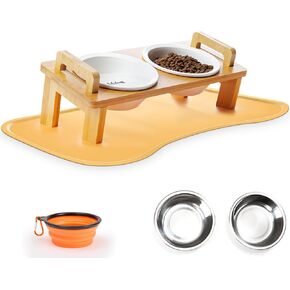 Elevated Cat Bowls: Raised Pet Food and Water Dishes for Cats and Puppy with Bamboo Stand, 2 Stainless Steel & 2 Ceramic Bowls, 1 Collapsible Travel Bowl and 1 Feeding Mat | Cat Essentials