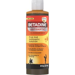 Betadine Antiseptic Liquid First Aid Solution, Povidone-iodine 10%, Infection Protection, Kills Germs In Minor Cuts Scrapes And Burns, No Sting Promise, No Alcohol or Hydrogen Peroxide, 8 FL OZ