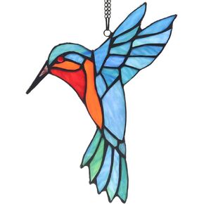 Bieye W10048 Hummingbird Tiffany Style Stained Glass Window Hangings Suncatcher with Chain and Suction Cup Hook (7" W x 6" H)