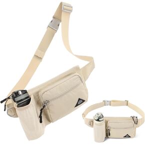 Waist Pack with Water Bottle Holder for Men Women Waist Bag Running Waist Pack Waterproof for Outdoor Travel Cycling Climbing Walking Fit All Phones (Bottle Not Included) (Beige)