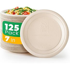 100% Compostable Paper Plates, 10 Inch, 125 Count, Biodegradable Bagasse Plates, Heavy Duty Disposable Plates Bulk for Party | Microwave-Safe | Soak-Resistantf, Cut Resistant