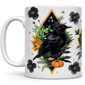 Gothic Fall Harvest Raven Coffee Mug, Spooky Woodland Nature Bird Autumn Floral Foliage Cup (11oz)