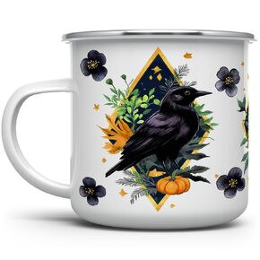 Spooky Fall Autumn Harvest Raven Camp Mug, Gothic Woodland Floral Nature Bird Campfire Camping Campfire Cup (12oz)