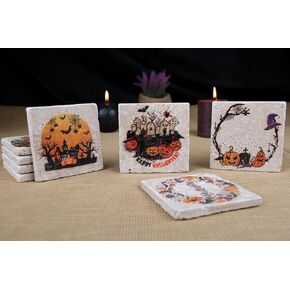 Halloween Themed Stone Coaster Set of 4, absorbent square coasters. Trick or Treat coasters. Spooky pumpkin coasters. Spooky gift. Halloween gift idea. Coaster design. Drink coasters.