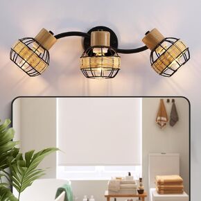 Bathroom Vanity Light Fixtures 3-Light Farmhouse Bathroom Wall Sconce Rustic Style, Handmade Bamboo Woven Boho Lamp Shade ，Suitable for Bedroom, Hallway, and Living Room