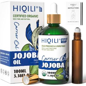 HIQILI Jojoba Oil with Roller Bottle, Cold Pressed Unrefined Pure Jojoba Carrier Oil for Essential Oils Mixing, Skin, Hair Growth, Face, Nails, Massage - 3.38 Fl Oz