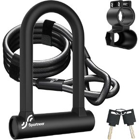 Sportneer Bike Lock Set Heavy Duty Bike U Lock with 5 Ft Security Steel Cable, Bicycle U Locks with Keys and Sturdy Mounting Bracket for Road Mountain Bike
