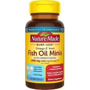Nature Made Extra Strength Burp Less Omega 3 Fish Oil 1400 mg Minis, Fish Oil Supplements as Ethyl Esters for Healthy Heart, Brain and Eyes Support, 60 Softgels, 30 Day Supply