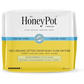 The Honey Pot Company - Daytime Heavy Flow Pads with Wings - Organic Pads for Women - Herbal Infused w/Essential Oils for Cooling Effect, Cotton Cover, & Ultra-Absorbent Pulp Core -16ct