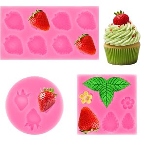 3pcs Strawberry and Flowers Baking Silicone Mold, 3D Flower Strawberry Mold Embed Silicone Molds for Candy, Handmade Fondant Mold for DIY Topper Decorating, Fruit Shape Mold for Cupcake Chocolate