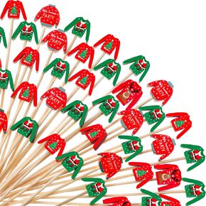 Christmas Cocktail Picks Ugly Sweater Cupcake Toppers Christmas Party Toothpicks Handmade Bamboo Toothpick Food Appetizers Picks for Xmas Holiday Drink Fruit Dessert Decoration (100 Pieces)