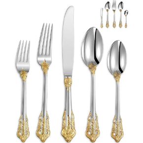 KEAWELL Gorgeous 45-Piece 18/10 Stainless Steel Silverware Set, Service for 8 with Serving Set, Mirror Finish, Gift Box, Antique Baroque Silver Flatware Cutlery Set