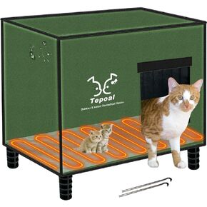Indestructible Large Heated Cat House for Outside Winter, 100% Fully Waterproof & Insulated Outdoor Cat House with Safe Escape Door, Elevated Feral Cat Shelter with Heater for Stray Barn Kitty